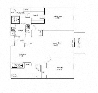 Floor plan for 2 beds, 2 baths, 1064 sqft